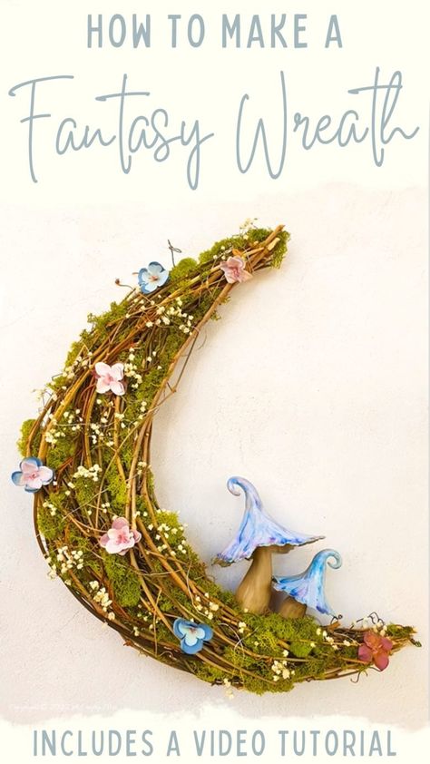 Creacent Moon Wreath, Space Wreath Craft, Moon Wreath Tutorial, Crystal Wreath Ideas, Harvest Moon Wreath, Crescent Moon Wreath Diy Christmas, Fairy Moon Wreath, Moss Moon Wreath, Diy Seasonal Wreaths