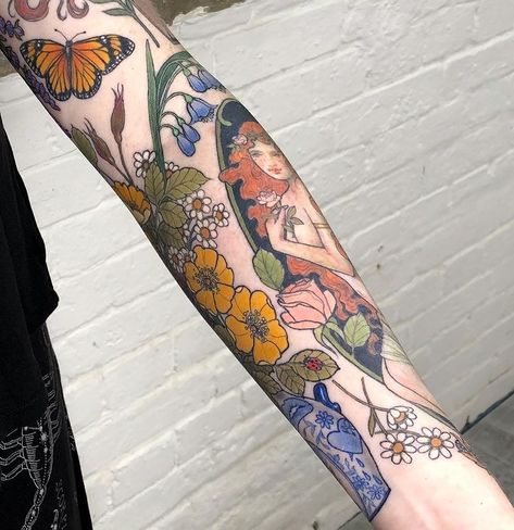 Hannah Flowers | All healed, thanks Vicky 🌼 | Instagram Arm Sleeve Tattoos Color, Floral Japanese Tattoo, Art Nouveau Tattoo Woman, Color Flower Tattoo, Hannah Flowers, Flower Vine Tattoos, Garter Tattoo, Art Nouveau Tattoo, Nouveau Tattoo