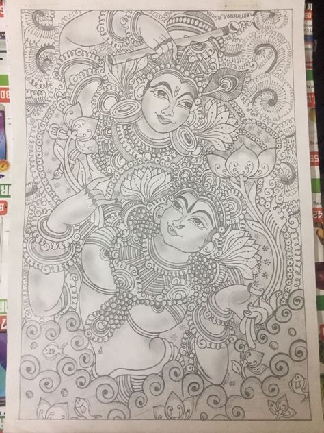 Radha Krishna Kerala Mural Painting, Kerala Mural Art Design, Mural Art Krishna, Mural Painting Outline Sketches, Kerala Mural Painting Outline Sketches, Mural Outline, Krishna Mural Painting, Kerala Drawing, Mural Sketch