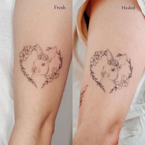 Alina | Fineline Tattoo Artist on Instagram: “Left fresh, Right healed without retouch. I tattooed this one in January 2020🐰🌸 . . . #healedtattoo #healed #healedtattoos #hanover…” Line Animal Tattoo, White Lotus Tattoo, Fineline Tattoos, Healed Tattoo, Fineline Tattoo, Rabbit Tattoos, Upper Arm Tattoos, Fine Line Tattoo, Healing Tattoo