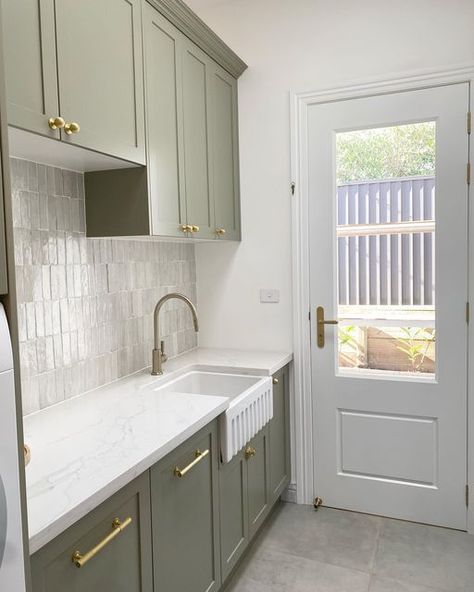 Utility Room In Bathroom, Sage Green Cabinets Laundry Rooms, Sage Utility Room, Sage Green Utility Room, Small Laundry Design, Light Green Laundry Room, Green Laundry Room Ideas, Green Utility Room, Tiny Utility Room Ideas