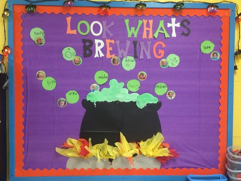 Halloween bulletin board.   "Look What's Brewing". Scary Halloween Costumes For Men, Recognition Board, Cafeteria Bulletin Boards, Seasonal Bulletin Boards, Classroom Door Decorations, Pumpkins Kindergarten, October Bulletin Boards, Halloween Costumes For Men, Classroom Decor Ideas