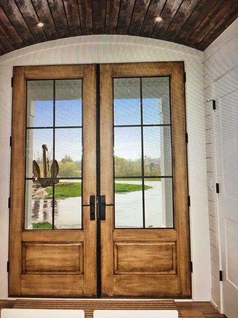 Unique Front Doors French, Cedar Double Front Door, Rustic French Doors Patio, Rustic Exterior Doors Patio, Cedar French Doors, Wood French Doors Patio, Front Door Design Farmhouse, Painted Entry Doors, European Double Front Doors