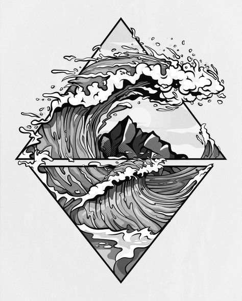 Tsunami Waves Tattoo, Crashing Waves Tattoo, Ships Tattoo, Linear Tattoo, Tattoos Masculinas, Element Tattoo, Trident Tattoo, Mountain Tattoo Design, Water Tattoo