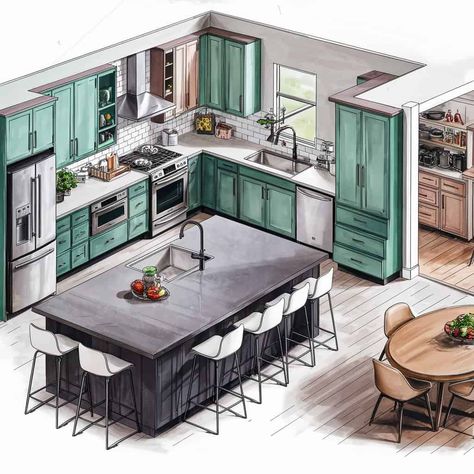 15 Kitchen Layout Inspirations to Transform Your Culinary Haven Kitchen Floor Plans With Island Layout, Gourmet Kitchen Layout, Modern Kitchen Layout Plans, Kitchen Layout Inspiration, Building Binder, Modern Kitchen Plans, Kitchen Blueprints, Kitchen Plans Layout, Ranch House Kitchen