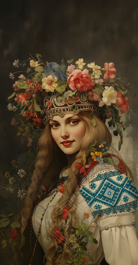 AI generated Oil Painting of the Slavic goddess Mokosh wearing a flower crown and a traditional Slavic dress with slavic ornaments. Mokosh Goddess, Slavic Art, Slavic Folk Art, Slavic Witch, Slavic Women, Leshy Slavic Mythology, Slavic Gods And Goddesses, Slavic Deities, Slavic Folk Magic