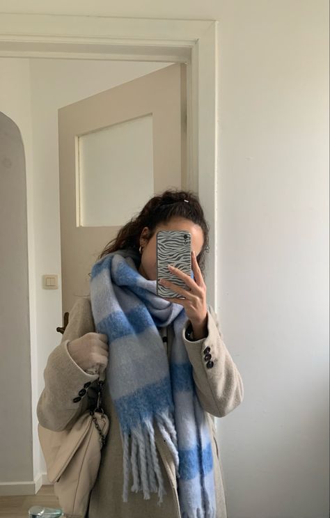 #blue #scarf #outfit #winter #winteroutfit #beige #aesthetic Blue Outfit Aesthetic Winter, Blue Scarf Aesthetic, Blue Scarf Outfit Winter, Blue And White Winter Outfit, Beige Scarf Outfit, Gray Scarf Outfit, Blue Scarf Outfit, Beige Jacket Outfit, Fashion Analysis