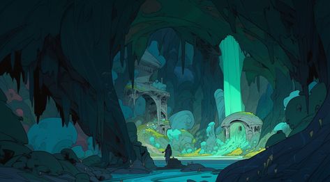 Cave House Concept Art, Scene Concept Art, Cave Digital Art, Cave Background Art, Cave Landscape, Vis Dev Environment, Cave Environment Concept Art, Cave Environment, Cave Background