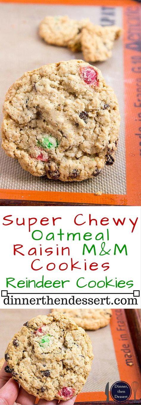 Super Chewy Oatmeal Raisin M&M Cookies are full of oats, raisins, M&Ms, brown sugar (this makes them super moist and chewy) and they stay fresh covered for a week...if they last that long! Christmas Cookie Swap, Reindeer Cookies, M M Cookies, Chewy Cookies, Cookie Swap, Favorite Dessert Recipes, Oatmeal Raisin, Best Cookie Recipes, Easy Cookie Recipes