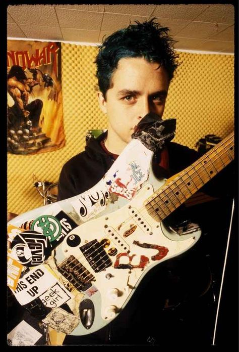 Billie Joe still has 'Blue' his first electric guitar ever. | 21 Reasons Why Green Day Is Still The Best Green Day Tattoo, Billy Joe Armstrong, Green Day Billie Joe, Tré Cool, Guitar Stickers, Joe Armstrong, Palaye Royale, Owl City, Billie Joe Armstrong