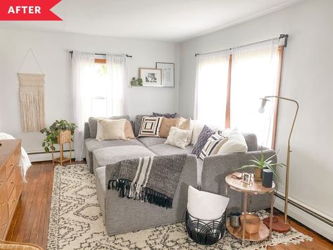 After: white living room with wood floors, gray sofa, and wood furniture Light Grey Wood Floors, Gray Floors, Gray Couch, Grey Sofa Living Room, Grey Couch, Grey Couch Living Room, Boho Floor, Modular Couch, Living Room Redo