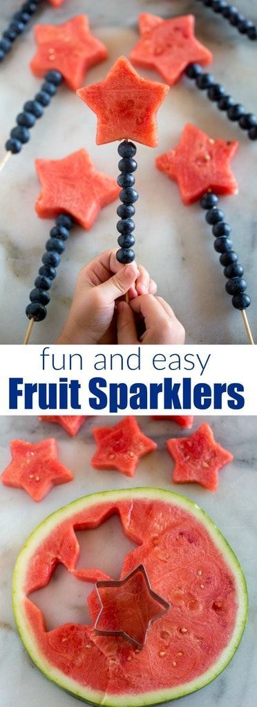 If you're looking for a fun and patriotic recipe idea for a summer bbq or party, these Fruit Sparklers are a guaranteed crowd favorite! Wooden skewers lined with blueberries and watermelon, these make the perfect easy side dish for Memorial day or the Fourth of July! #fruit #patriotic #sidedish #foraparty #bbq #summer #patrioticdessert #memorialday #fourthofjuly #july4 #easy #forkids Patriotic Food, 4th Of July Desserts, Fourth Of July Food, Think Food, Snacks Für Party, Summer Bbq, Party Desserts, 4th Of July Party, Baby Development