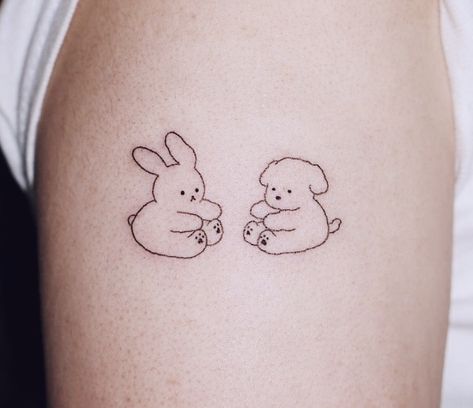 Teddy Bunny Tattoo, Bunny Bear Tattoo, Dainty Teddy Bear Tattoo, Bear And Bunny Tattoo, Bunny Line Tattoo, Matching Bunny Tattoos, Matching Bear Tattoos, Stuffed Bunny Tattoo, Tiny Teddy Bear Tattoo