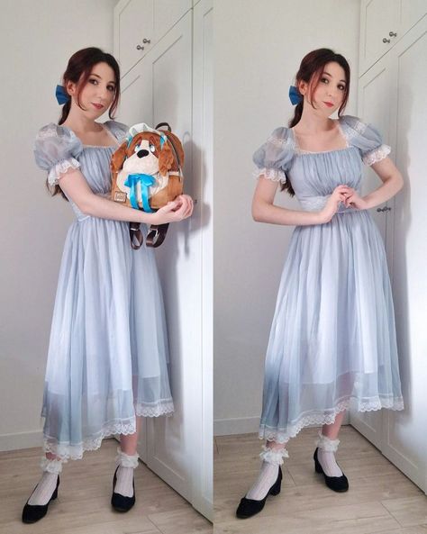 Wendy from Peter Pan Disneybound IG: @Kiyomi.of.andalasia Dress from Lace Made Nana Bag from Loungefly Wendy Dress Peter Pan, Peter Pan Bounding, Wendy Darling Cosplay, Wendy Peter Pan Costume, Wendy Darling Costume, Peter Pan Disneybound, Wendy From Peter Pan, Wendy Costume, Peter Pan Outfit