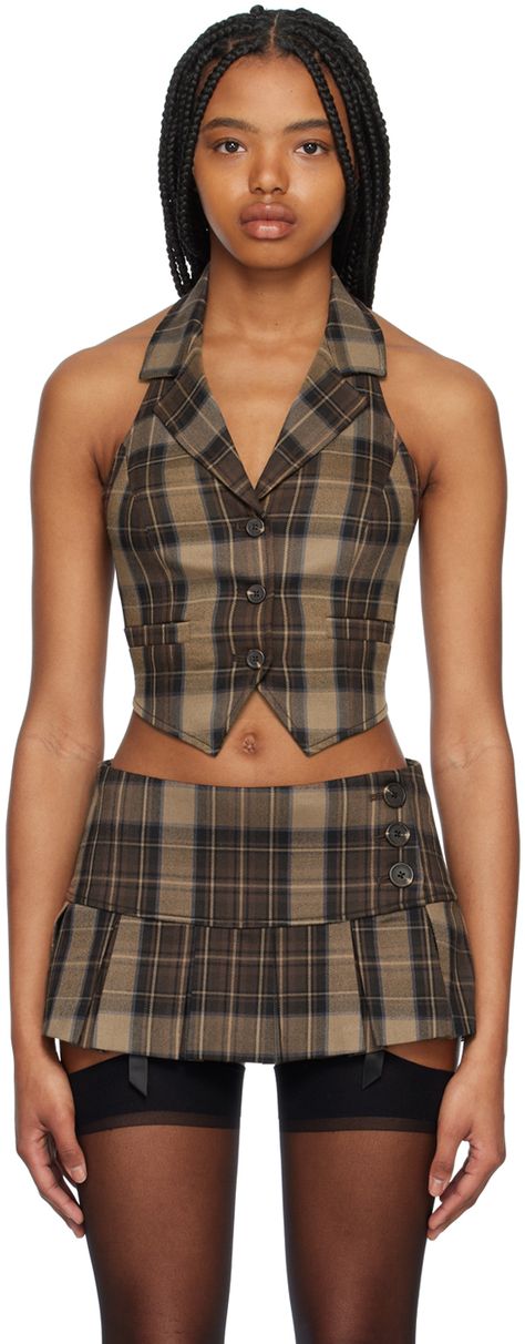 Stretch polyester twill vest. Check pattern throughout. · Notched lapel at fixed halter strap · Button closure · Patch pockets · Low back · Full polyester satin lining Part of the SSENSE exclusive Work Capsule. Supplier color: Brown plaid Plaid Waistcoat Women, Brown Plaid Outfit, Plaid Top, Patch Work Clothes, Plaid Vest Outfit, Check Vest, Flannel Vest, Work Capsule, Fran Fine