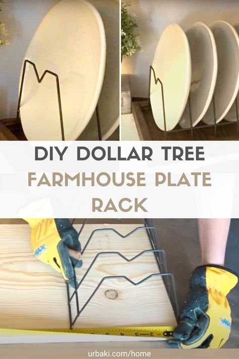 Repurpose Plate Rack, Dollar Tree Dish Rack Ideas, Diy Dish Rack, Diy Plate Stand, Farmhouse Plate Rack, Dollar Tree Plates, Making Shelves, Diy Plate Rack, Dollar Tree Farmhouse