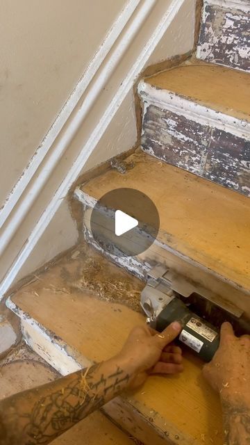 Quicksand Flooring on Instagram: "This is an original, Baltic Pine timber staircase etimated to be circa 1900.. It was in pretty bad shape underneath the carpet but still stable and full of character 💪🏻

The client wanted to keep the original colour so we restored this staircase as close as possible to its original state - give or take a few marks and stains from 130 years.

First we ripped out the carpet and gripper before punching all the nails down to hit it with the Edger for sanding. Up next is the stair muncher which is a beast of a machine! Then we scrape the corners and trim. The holes get puttied up and then the orbital goes over the entire staircase. The triangle sander ensures no corner gets missed. Now we are ready to coat with Berger-Seidle water based poly in an Antislip fi Stair Case Paint Ideas, Dark Staircase Ideas Brighten, Stairs Renovation Ideas, Sanded Stairs, Inside Stairs Ideas, Sanding Stairs, Bannister Ideas Painted, Staining Stairs, Stained Staircase