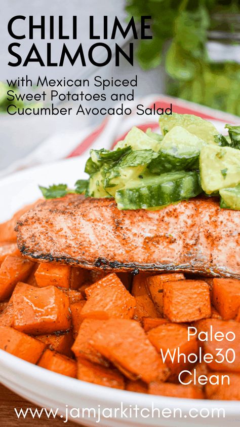 Cucumber And Avocado Salad, Spiced Sweet Potatoes, Chili Lime Salmon, Sea Food Salad Recipes, Salmon And Sweet Potato, Cucumber Avocado Salad, Lime Salmon, Cucumber Avocado, Healthy Weeknight Meals