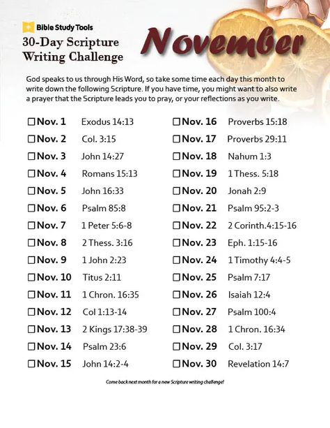 November 30-Day Scripture Writing Challenge - Inside BST November Scripture Challenge, Daily Scripture Writing Plan, November Prayer Challenge, November Bible Challenge, 30 Day Scripture Challenge, November Walking Challenge, Monthly Bible Challenge, November Writing Challenge, November 30 Day Challenge