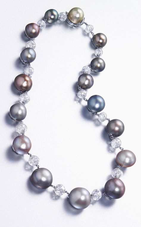 ~ Comprising 16 button-shaped grey and brown natural pearls, alternating with diamond beads, mounted in platinum: AN EXCEPTIONAL NATURAL COLOURED PEARL AND DIAMOND NECKLACE. SSEF: "No indication of artificial colour modification; possess exceptional characteristics and merit special mention and appreciation...an impressive size and a matching button shape, combined with a very fine pearly lustre...this size and quality is rare and exceptional." *HKD 24,180,000 29/11/11 Pearl And Diamond Necklace, Purple Sapphire, Pearl Necklaces, Simple Jewelry, Pearl Color, Natural Pearls, 11 11, Brown And Grey, Diamond Necklace