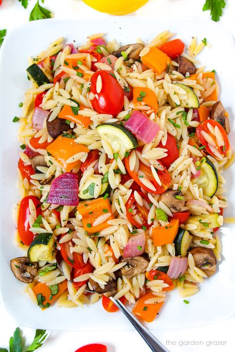 Orzo with Roasted Vegetables (Easy!) - The Garden Grazer Basil Recipes Vegan, Orzo With Roasted Vegetables, Garden Grazer, Roasted Vegetables Recipe, Easy Roasted Vegetables, Garlic Balsamic, Lemon Vinegar, How To Cook Orzo, Barbeque Recipes