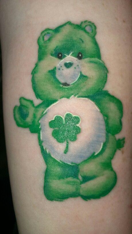 #carebears #goodluck #luckbear Green Care Bear Tattoo, Good Luck Bear Tattoo, Good Luck Care Bear, Care Bear Tattoo, Bears Tattoo, Good Luck Bear, Care Bear Tattoos, Girl Shoulder Tattoos, History Tattoos