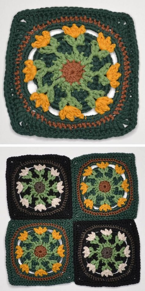 Cat Paw Granny Square, Crochet Earth Granny Square, Granny Square 4 Colors, Creative Granny Square Patterns, Green Crochet Granny Squares, Crochet Forest Granny Square, Crochet Moth Granny Square, Goat Granny Square, Coffee Granny Square