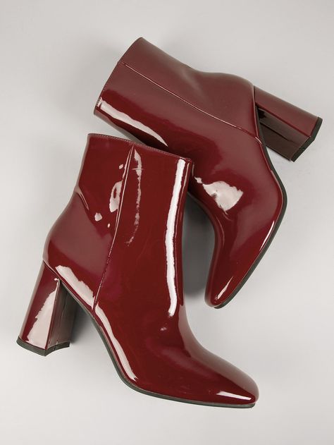 Maroon Elegant    Plain Classic Boots    Women Shoes Classic Boots Woman, Maroon Boots, Maroon Shoes, Patent Leather Boots, Block Heel Ankle Boots, Suede Block Heels, Red Boots, Heel Ankle Boots, Block Heel Boots