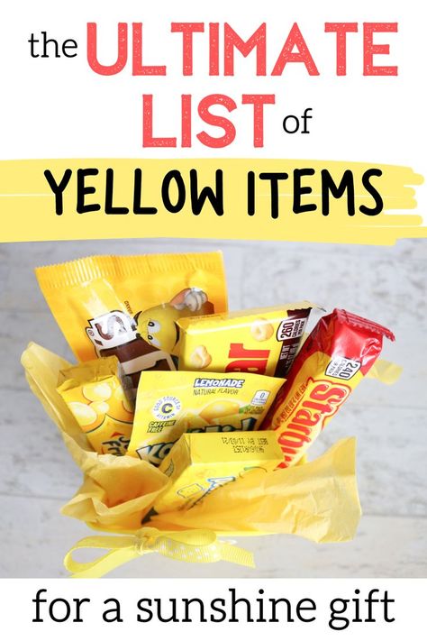 diy sunshine gift basket and free printable tags Sunshine Box Ideas For Guys, Yellow Packaged Snacks, Yellow Items For Box Of Sunshine, Diy Sunshine Box Ideas, Feel Better Gifts Friends, Yellow Sunshine Box Ideas, Basket Of Sunshine Ideas, Sunshine Basket Ideas, Pick Me Up Gift Ideas For Friends