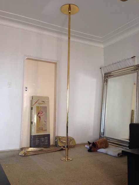 Strip Pole In Bedroom, Pole At Home Ideas, Aesthetic Pole Dancing Room, Pole In Room Aesthetic, Pole Bedroom Ideas, Pole In Bedroom Aesthetic, At Home Pole Dance Room, Dance Room At Home, Pole Dance Home Studio