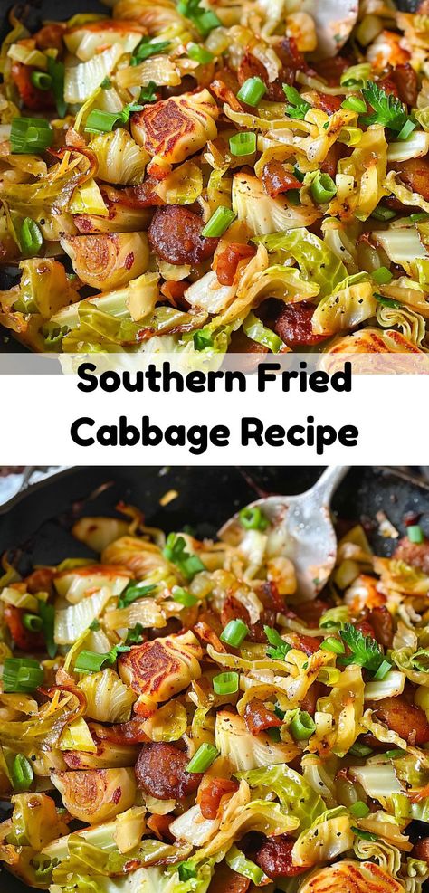 Quick Southern fried cabbage, perfect for a hearty meal. Southern Cooked Cabbage, Potatoes Cabbage And Sausage, Bagged Cabbage Recipes, Cabbage And Bratwurst Recipes, Southern Style Cabbage Soul Food, Smothered Cabbage And Sausage, Cooked Cabbage Recipes Southern, Fried Cabbage Recipes Sausage, Fried Cabbage And Sausage Recipes