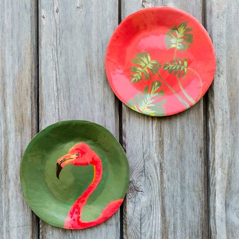 Handmade decorative wall plates made from air dry clay The diameter of the plate is 6.5 inches #decoration #walldecoration #clay #handmade #acrylicpaint #wallplates #flamingo #monstera Decorative Wall Plates, Wall Plates, Dry Clay, Air Dry Clay, Decorative Wall, Handmade Decorations, Plates On Wall, Air Dry, Flamingo