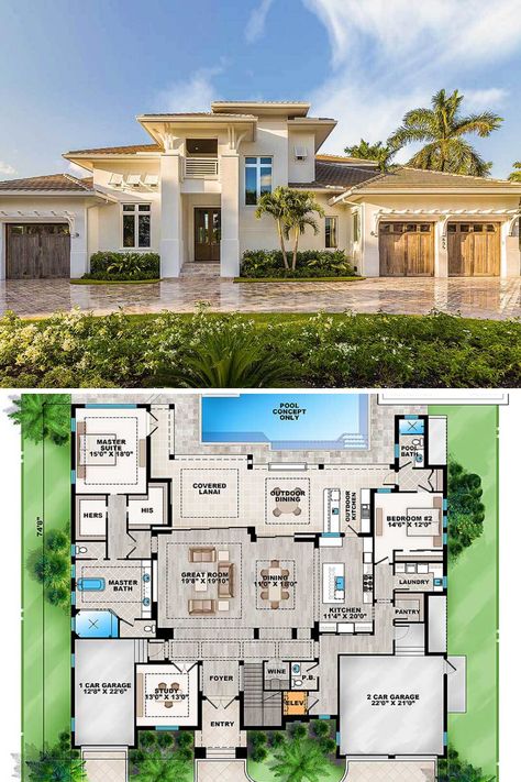 This is a 2 story Florida house plan for a beautiful 4 bedroom, 4.5 bathroom, & 4346 sq ft modern Florida style home. Shown is the gorgeous luxury mansion exterior and courtyard. Included are minimalist southern interior design and decor ideas. Get the full open floor plan layout & blueprint at: https://www.architecturaldesigns.com/house-plans/grand-florida-house-plan-86041bw?cjevent=968cdcad9ee211ea82ae0bdb0a180513 #blueprint #floorplan #2story #TwoStory #FloridaHomes Big House Plans Modern, 5 Bedroom Mansion Floor Plans, 2 Storey 5 Bedroom House Floor Plan, Big House Layouts 2 Story, Modern Mansion Floor Plan 2 Story, Big House Plans Luxury Home Design, 5 Bedroom House Floor Plan 2 Story With Pool, Florida House Plans One Story Open Floor, Open To Below House Plans