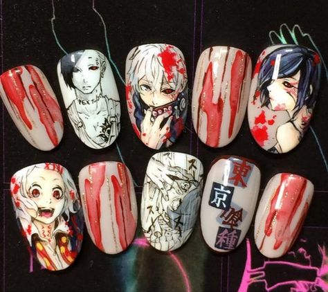 Tokyo Ghoul Nails, Black Acrylic Nails, Anime Nails, Edgy Nails, Cute Acrylic Nail Designs, Kawaii Nails, Nails Desing, Cute Nail Art, Dream Nails