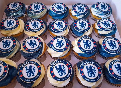 Man City Cupcakes, Chelsea Birthday Party, Chelsea Cupcakes, Chelsea Cake Ideas, Chelsea Sticker, Chelsea Football Cake, Football Cupcake Cakes, Cannabutter Recipe, Chelsea Soccer