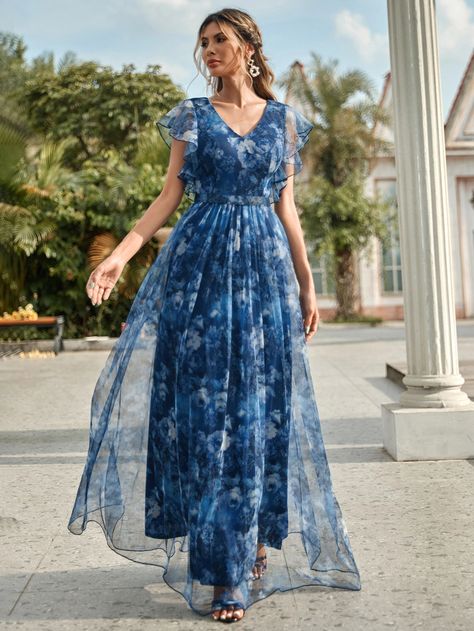 Floral Print Flutter Sleeve Mesh Dress | SHEIN USA Anarkali Designs, Evening Gala, Stunning Bridesmaid Dresses, Sleeve Gown, Frock Design, Gowns With Sleeves, Pure Beauty, Short Wedding Dress, Lace Gown