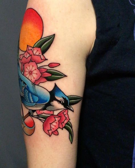 M.A.MUNTER — Blue Jay in memory of Julia’s grandfather. Thanks... Laurel Tattoo, Blue Jay Tattoo, Jay Tattoo, Mountain Laurel, Blue Pin, Name Tattoos, Tattoo Inspo, Blue Jay, Color Tattoo