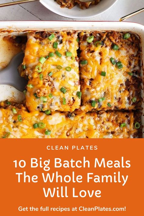 Cook once, feed many 🙌  https://www.cleanplates.com/eat/recipes-eat/10-big-batch-meals/ Big Batch Meals, Batch Cooking Recipes, Batch Meals, Big Family Meals, Big Family Dinner, Budget Family Meals, Large Group Meals, Large Family Meals, Cooking For A Crowd