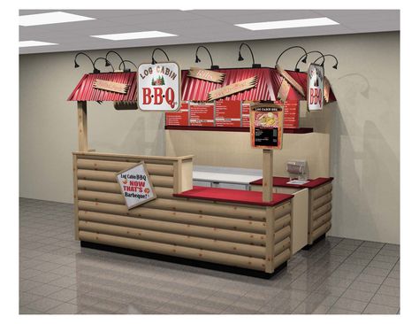 Indoor food kiosk stand for BBQ sandwiches and beverages | Merchandising Frontiers Inc Kiosk Store, Bbq Sandwiches, Food Stall Design, Bbq Shop, Mall Kiosk, Barbeque Recipes, Bbq Sandwich, Food Kiosk, Food Stand