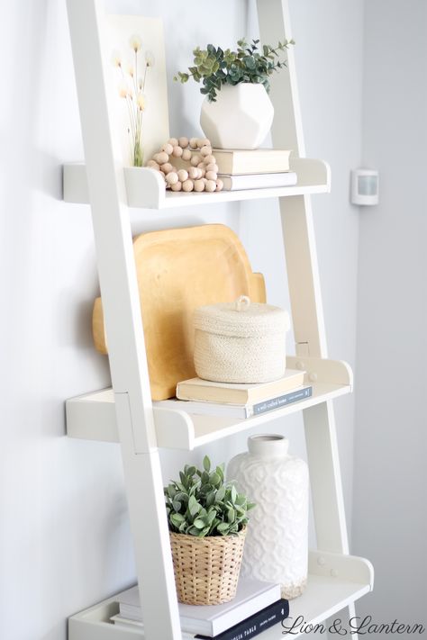 Fall Shelf Styling | Modern Boho - Caitlin Marie Design Farmhouse Ladder Shelf, Lantern Decor Living, Farmhouse Shelving, Ladder Shelf Decor, Chic Modern Farmhouse, Farmhouse Ladder, Industrial Shelves, Ladder Shelves, House Staging