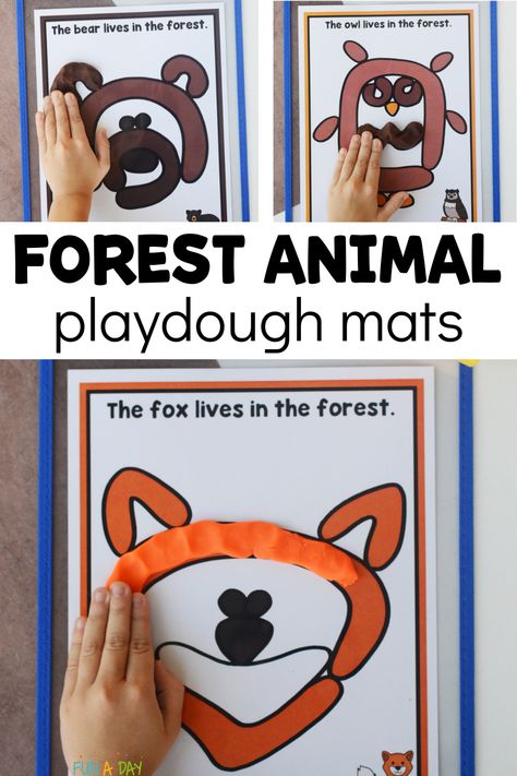 Free printable forest animal playdough mats for preschool, pre-k, and kindergarten kids. What a great way to work on fine motor skills in a hands-on way! Click on the Fun-A-Day.com link to get your copy of the forest play dough mats. Forest Animal Playdough Mats, Forest Animal Activities For Toddlers, Forest Animal Activities Preschool, Forest Animal Crafts For Preschool, Forest Theme Preschool, Forest Animals Preschool Activities, Animal Playdough Mats, Wild Animals Preschool Activities, Playdough Animals