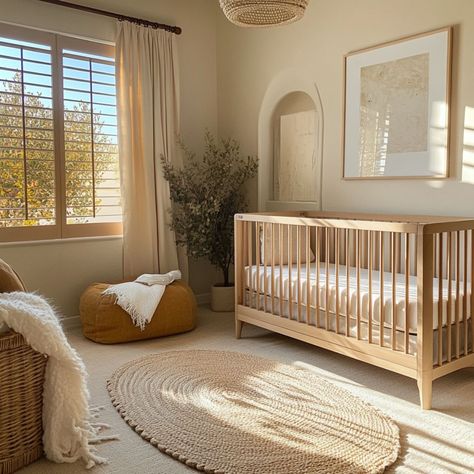 A cozy nursery with warm neutral tones like sandy beige and light tan. The room includes a tan crib, beige walls, and a soft rug. The space feels comfortable and nurturing, with warm natural light enhancing the cozy atmosphere Modern Mediterranean Nursery, Rustic Nursery Ideas Neutral, Cream Color Nursery, Neutral Wood Nursery, Den Nursery Ideas, Oak Crib Nursery Ideas, Light Brown Nursery Walls, Nursery With Nanit, Nursery With Guest Bed Layout