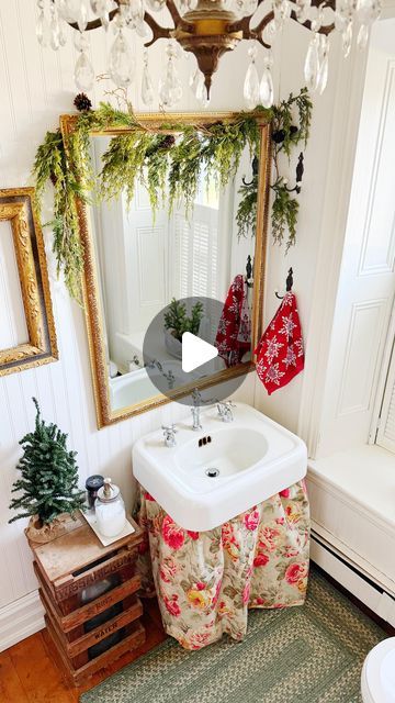 Emily Connolly • Stone Farmhouse in Pennsylvania on Instagram: "This is the “kids’ bathroom” and sits right in between their bedrooms. While only being 6’ x 5.5’ wide, it was one of our hardest projects so far. There was plywood screwed to the original floor with peel and stick tile on top. It had gotten soaked for so many years that the entire bathroom stunk like mold. There was a really disgusting stall shower to the right with pipes coming up out of the middle of the floor. The plaster walls were badly cracked in here, and there was a vent fan in the ceiling that vented into the ATTIC! 🤦🏻‍♀️ We restored, stained, and sealed the original floor, took out the shower, moved the pipes, put in a new toilet, added beadboard and a vintage $50 chandelier, I sewed a sink skirt for the 100 year Sink Skirt, Vent Fan, Stone Farmhouse, New Toilet, Peel And Stick Tile, Plaster Walls, Shower Stall, Screw It, Kids' Bathroom