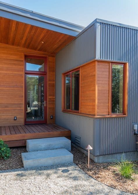 Small Metal Building Homes, Metal Siding House, Exterior House Siding, House Cladding, Modern Small House Design, Accessory Dwelling Unit, Metal Siding, Casa Container, House Siding