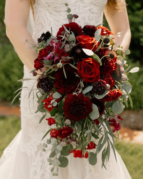 Let's take a moment for this stunning brides bouquet!     This breathtaking bouquet features deep red roses, dahlias, and eucalyptus. The rich hues and lush greenery create a perfect blend of elegance and romance, making it a truly unforgettable arrangement.   :   : Deep Red Rose Bouquet, Red Bridal Bouquet Summer, Bouquet Styles, Deep Red Roses, Red Bridal Bouquet, Dark Green Wedding, Bridal Bouquet Summer, Dahlia Bouquet, Dark Red Roses