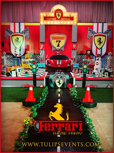 Ferrari Party Decoration, Ferrari Birthday Theme, Formula 1 Themed Birthday Party, Ferrari Themed Birthday Party, Car Theme Birthday Party, Ferrari Party, Birthday Party Decoration Ideas, Transportation Birthday Party, Cars Birthday Party Decorations