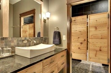 Dream Home Bath - Transitional - Bathroom - minneapolis - by Divine Custom Homes Bathroom Beige Walls, Bathroom Door Design, Bathroom Door Ideas, Bathroom Beige, Shower Door Designs, Stone Tile Backsplash, Wall Faucet, Bathtub Design, Beige Bathroom