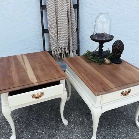 ✨AVAILABLE✨ 2 Solid Cherry Wood, Queen Ann, Side Tables with one Drawer each. This wood grain is absolutely stunning, with a painted base in Alabaster, dovetail drawers and original hardware updated in antique gold. Sealed in a matte finish that adds a classic warmth to any Coastal, Shabby Chic, French Country or Farmhouse design. Dimensions: 27” w 22”l 22”h DM for pricing. Delivery & Shipping available. Queen Anne Coffee Table Makeover, End Table Refurbish, Antique Table Makeover, Refurbished Side Table, Victorian Coffee Table, Upcycled Side Table, Side Table Redo, Redo End Tables, Refinished End Tables