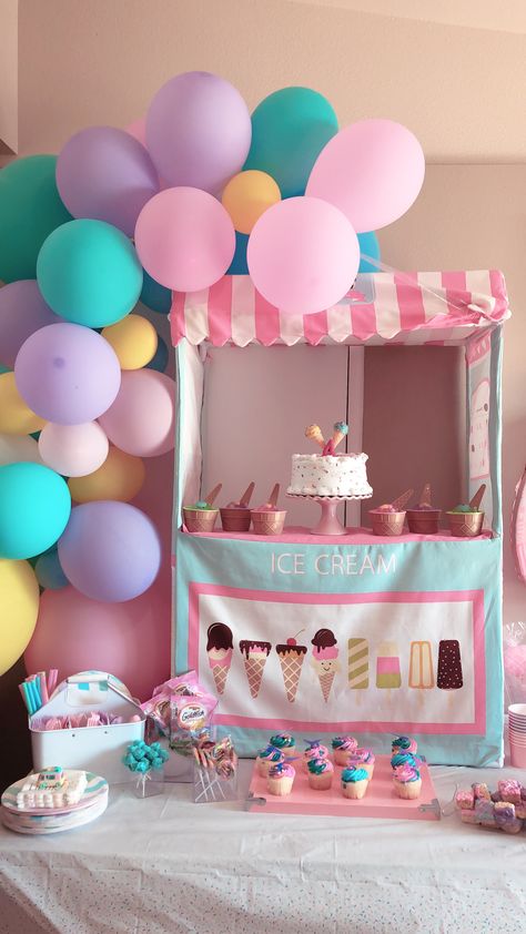 Ice cream birthday party for my 4 year old I Scream Four Ice Cream Party, Four Year Old Girl Birthday Theme, 4 Year Birthday Party Ideas Girl, Ice Cream Birthday Party Theme, Ice Cream Party Theme, Girls Birthday Party Themes, Ice Cream Birthday Party, Third Birthday Party, 2nd Birthday Party Themes