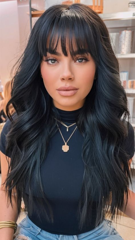 Dark Fall Colors For Hair, 2025 Dark Hair Trends, Minimal Hair Dye Ideas, Dark Hair Ideas For Fall, New Hair Colors 2024, Fall Hair With Bangs, Shades Of Black Hair Color, Dark Long Hair Ideas, Deep Chocolate Brown Hair With Lowlights